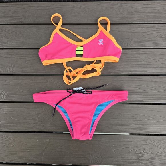 TYR Womens Durafast Solid Orange/pink Tieback Workout Bikini Sz S New Sample - Picture 1 of 4